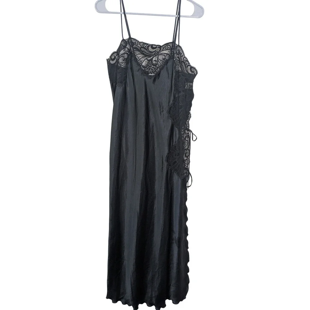 Vintage 80s / 90s Blanche Black Satin Maxi Slip Dress Side Slit Lace and Ties M - Picture 1 of 9